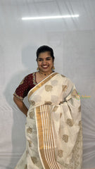 Vriksham Kerala Kasavu With Golden Leaf Motifs & Striped Border Cotton Saree-VS4696