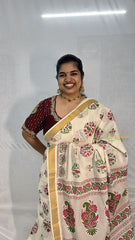 Vriksham Kerala Kasavu Cotton With Parrot & Floral Motifs Printed Cotton Saree -VS4689