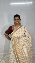 Vriksham Kerala Kasavu With Golden Paisley & Striped Border Printed Cotton Saree-VS4690