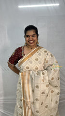 Vriksham Kerala Kasavu With Golden Floral Buttas & Striped Border Printed Cotton Saree-VS4691