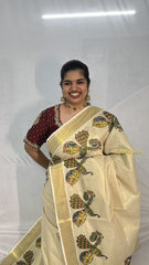 Vriksham Kerala Kasavu With Peacock & Veena Motif Golden Border Cotton Tissue Saree-VS4695