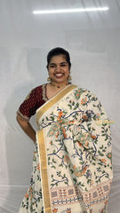 Vriksham Kerala Kasavu With Peacock & Leaf Design Golden Border Cotton Saree-VS4694