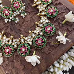 Vriksham Floral Coin Kudan Jadau Neckpiece-Red Green White-J3310