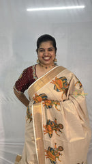 Vriksham Kerala Kasavu Saree With Kathakali & Mohiniyattam Print & Golden Border Tissue Saree-VS4693