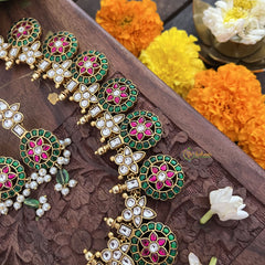 Vriksham Floral Coin Kudan Jadau Neckpiece-Red Green White-J3310