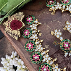 Vriksham Floral Coin Kudan Jadau Neckpiece-Red Green White-J3310