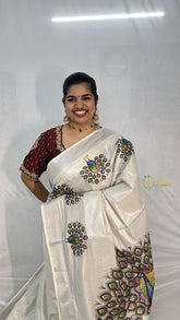 Vriksham Kasavu Zari Work Silver Tissue Saree-Peacock-VS4341