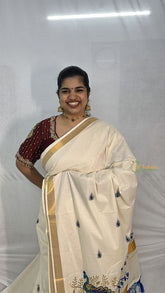 Vriksham Kasavu Zari Work Cotton Saree-Peacock-Tassel Work-VS4339