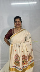 Vriksham Kasavu Cotton Saree Embroidered-Kathakali Face-VS4338