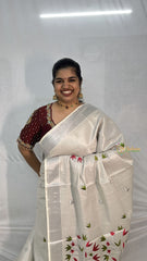 Silver Color Kasavu Tissue Cotton Saree Embroidered-VS3463