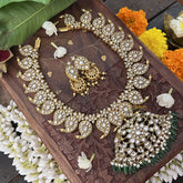 Vriksham Maanga Style Kundan Jadau Short Neckpiece-White-Aqua Green Bead-Pearl-J3354