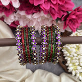 Vriksham  Red & Green Glass Bangles with Purple Floral Kundan Accents Silk Thread Bangle Set-G19847