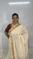 Vriksham Kasavu Plain Cotton Saree-Matt Golden Zari Patti-VS4345