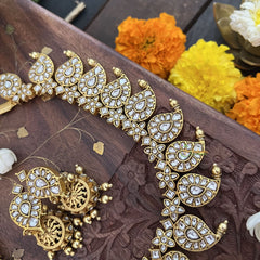 Vriksham Maanga Style Kundan Jadau Short Neckpiece-White-Aqua Green Bead-Pearl-J3354