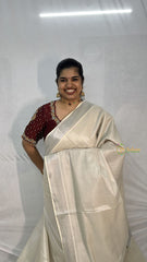 Vriksham Kasavu Plain Cotton Saree-Silver Zari Patti-VS4699