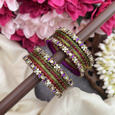 Vriksham Chandrika Red & Olive Green Glass Bangles with Moon Motif Stone Kada Silk Thread Bangle Set-G19850