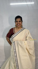 Kasavu Plain Cotton Saree-Silver Zari Patti-VS3479