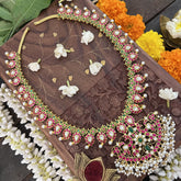 Vriksham Maanga Style With Peacock Kundan Jadau Long Neckpiece-White Red-Pearl-J3355