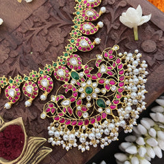 Vriksham Maanga Style With Peacock Kundan Jadau Long Neckpiece-White Red-Pearl-J3355