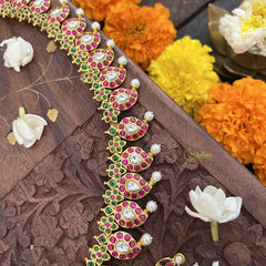 Vriksham Maanga Style With Peacock Kundan Jadau Long Neckpiece-White Red-Pearl-J3355