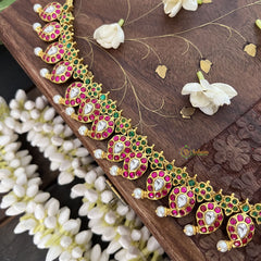Vriksham Maanga Style With Peacock Kundan Jadau Long Neckpiece-White Red-Pearl-J3355