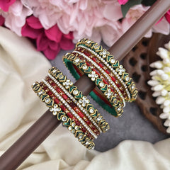 Vriksham Red & Green Kundan Glass Bangles-Traditional Meenakari Silk Thread Bangle Set-G19854