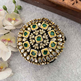 Vriksham Antique Gold-Finish Geometric Green Centerstones Style With Hair Bun Cage Accessory-H1292