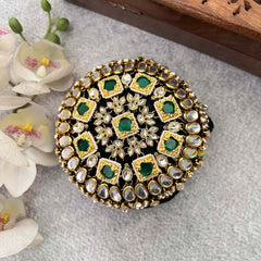 Vriksham Antique Gold-Finish Geometric Green Centerstones Style With Hair Bun Cage Accessory-H1292