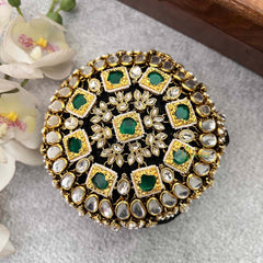 Vriksham Antique Gold-Finish Geometric Green Centerstones Style With Hair Bun Cage Accessory-H1292