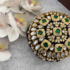 Vriksham Antique Gold-Finish Geometric Green Centerstones Style With Hair Bun Cage Accessory-H1292