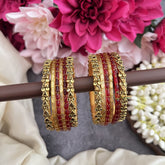 Vriksham Rustic Gold & Red Glass Bangles–Antique Finish Traditional Silk Thread Bangle Set-G19855