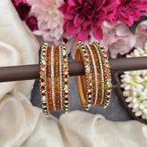 Vriksham Sunset Orange Glass Bangle & Gold Stone Bangles Silk Thread Bangle Set-G19857