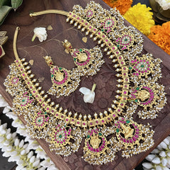 Vriksham Bridal God Shree Gansh Lakshmi Pendant Kundan Jadau Guttapusalu Neckpiece-Pearl-J3391