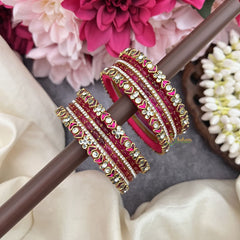 Vriksham Fuchsia Pink Glass Bangle & Gold Stone Heart Design Silk Thread Bangle Set-G19858