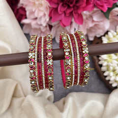 Vriksham Fuchsia Pink Glass Bangle & Gold Stone Heart Design Silk Thread Bangle Set-G19858