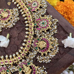 Vriksham Bridal God Shree Gansh Lakshmi Pendant Kundan Jadau Guttapusalu Neckpiece-Pearl-J3391