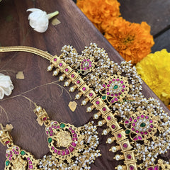 Vriksham Bridal God Shree Gansh Lakshmi Pendant Kundan Jadau Guttapusalu Neckpiece-Pearl-J3391