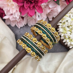 Vriksham Emerald Green Glass Bangle & & Gold Lotus Silk Thread Bangle Set-G19859