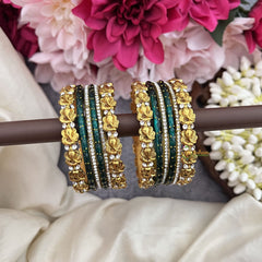 Vriksham Emerald Green Glass Bangle & & Gold Lotus Silk Thread Bangle Set-G19859