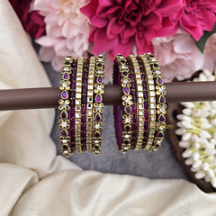 Vriksham Royal Purple Glass Bangle & Kundan Gold Floral Mirror Work Silk Thread Bangle Set-G19860
