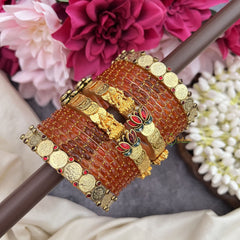 Vriksham Orange Glass Bangle Vintage Lakshmi Coin Detailing Silk Thread Bangle Set-G19861
