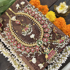Vriksham Bridal Diva God Saraswati Pendant Style Kundan Jadau Guttapusalu Neckpiece-Rice Pearl-J3390