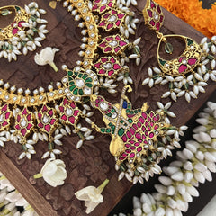 Vriksham Bridal Diva God Saraswati Pendant Style Kundan Jadau Guttapusalu Neckpiece-Rice Pearl-J3390