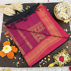 Vriksham Black With Pink Border-Kalyani Cotton Saree-VS4552