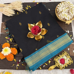 Vriksham Black With Teal Blue Border-Kalyani Cotton Saree-VS4556