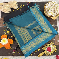 Vriksham Black With Teal Blue Border-Kalyani Cotton Saree-VS4556