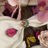 Jadau Kundan Lotus Finger Ring-Green-J2542