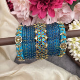 Vriksham Royal Blue Glass Bangle & Leaf Style Royal Blue Kundan Silk Thread Bangle Set-G19863