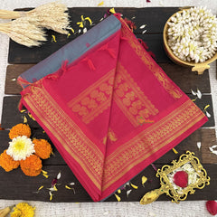 Vriksham Bluish Grey With Rani Pink Border-Kalyani Cotton Saree-VS4568