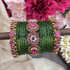 Vriksham Green Glass Bangle & Pink Lotus Kundan Floral Bridal SilkThread Bangle Set-G19865